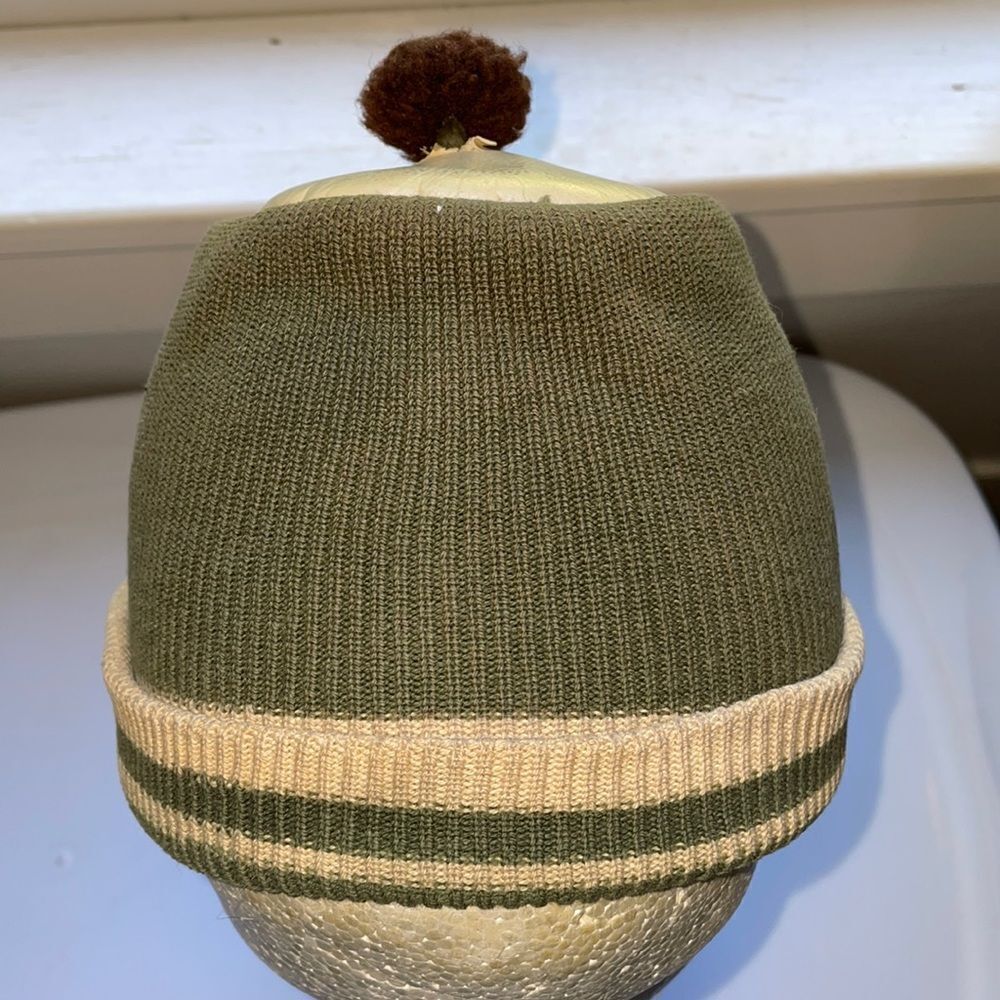 Vintage green & tan knit beanie cap with unique‎ vinyl circle & pom pom on top